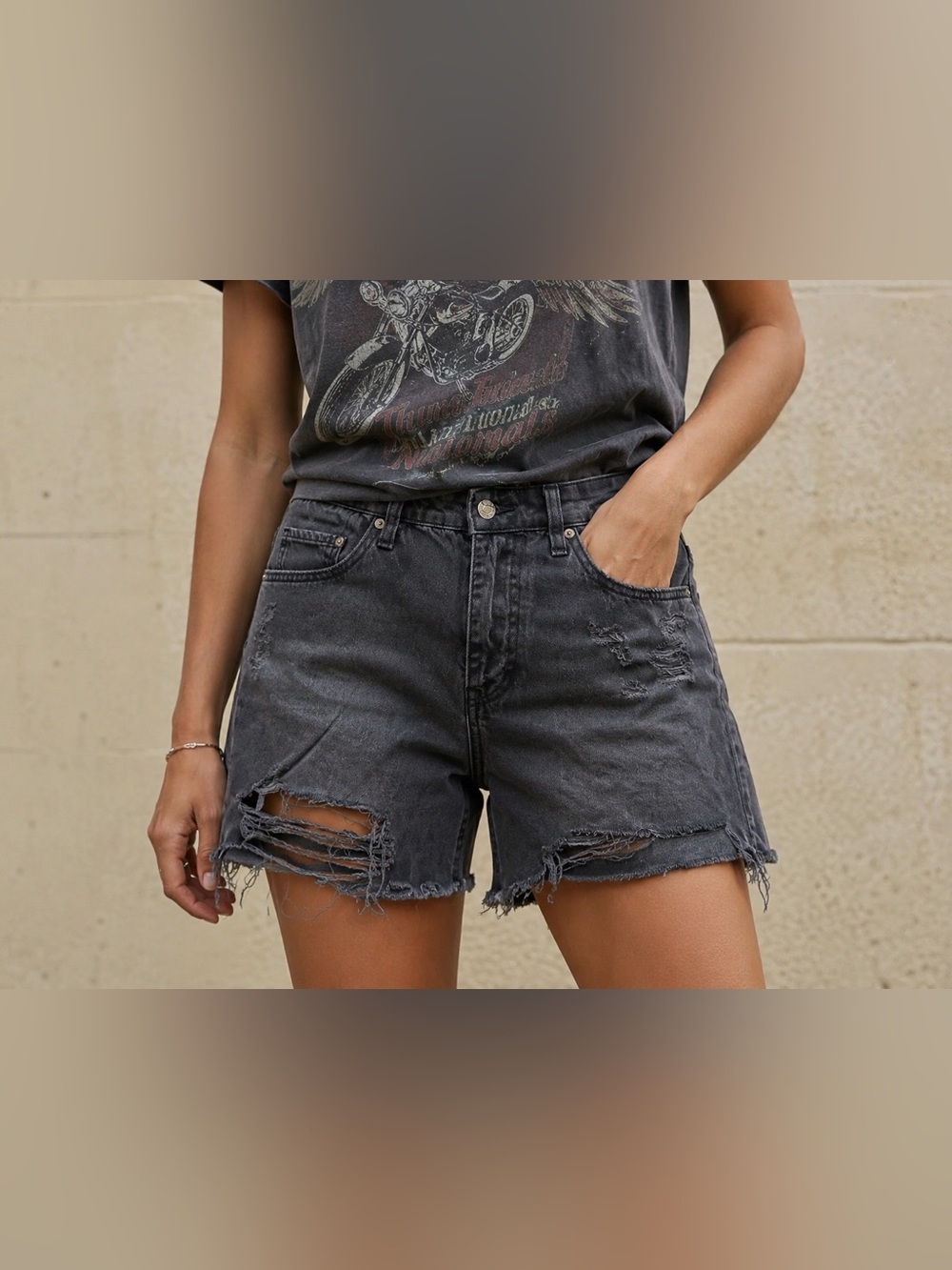 H&M Black Distressed Frayed Denim Shorts